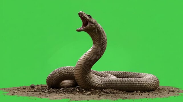 Cobra snake rearing on ground with green background