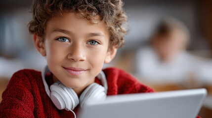 Content boy student with headphone using tablet for gamified learning in classroom. He looks at camera smiling