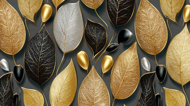 Ornate golden, black and silver leaf design on a dark background.