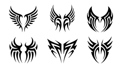 Collection of six tribal wing designs isolated on white background