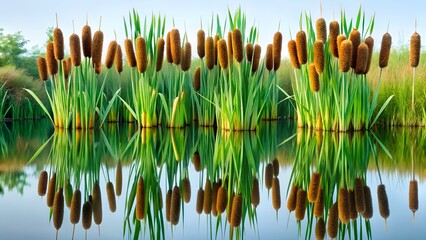 Tall cattails stand in calm water reflecting the blue sky and green reeds