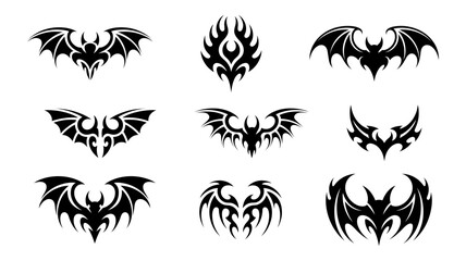 Set of Tribal bat wing designs isolated on white background