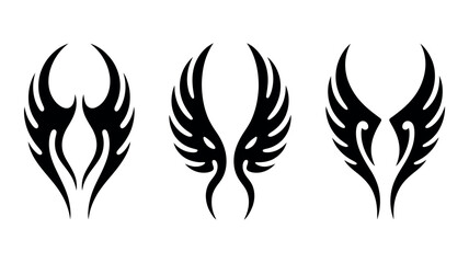 Three black tribal wings designs isolated on white background