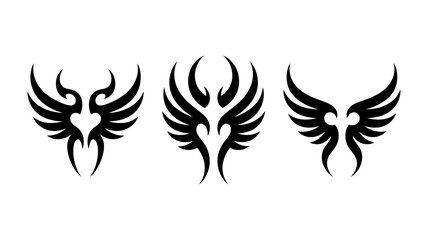 Three black tribal wings designs isolated on white background