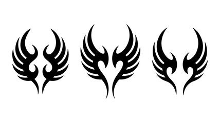 Three black tribal wings designs isolated on white background