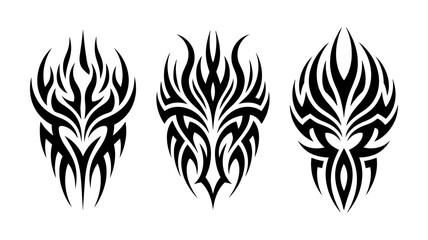 Three black tribal wings designs isolated on white background
