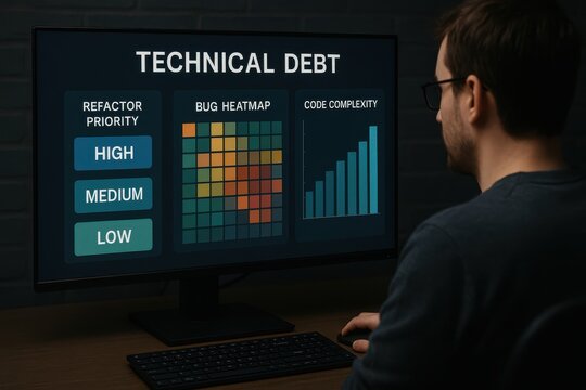 Developer Analyzing Technical Debt Interface with Refactor Priority, Bug Heatmap and Code Complexity Graph
