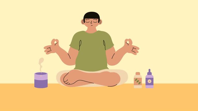 Loopable Animation of Man Meditating Beside Aromatherapy Diffuser