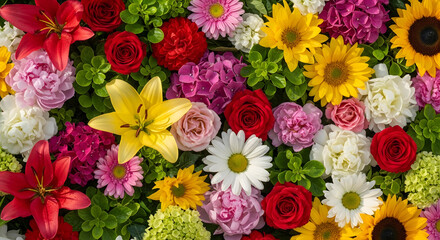 Colorful Mixed Flowers Flat Lay Background