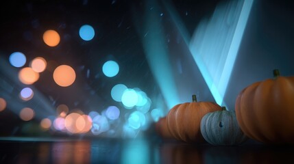 Pumpkins illuminating futuristic cathedral ruins with holographic lights