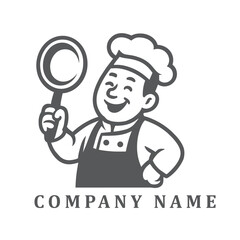 Playful black and white cartoon logo of a smiling male chef holding a frying pan, wearing a classic toque and apron, illustrated with bold lines and cheerful expression.