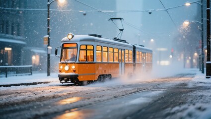 Obraz premium A classic vintage streetcar navigates a snow-covered city street at night, its lights casting a warm glow against the wintry backdrop. Snow-covered city, vintage tram, nightscape, transportation.