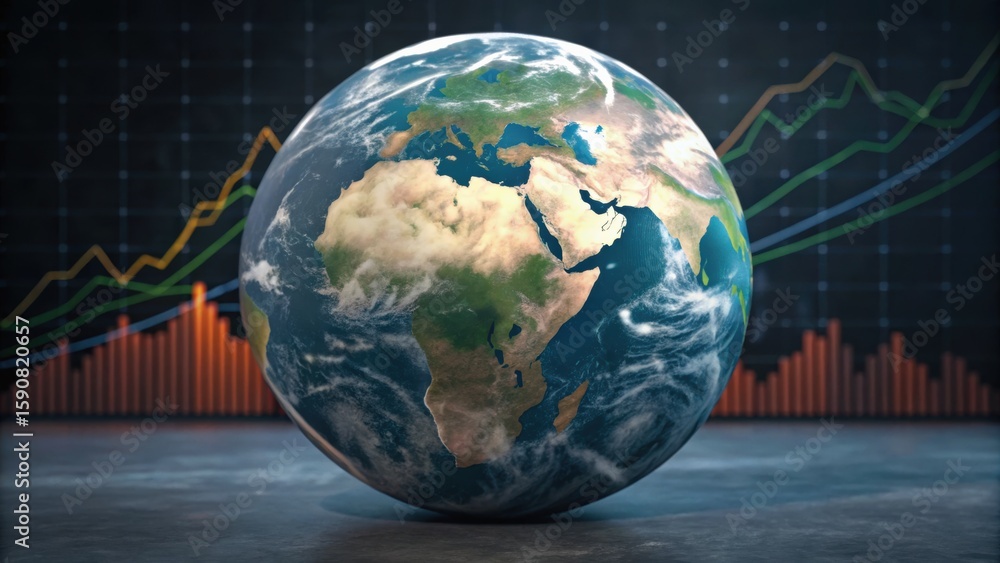 Poster a globe with detailed continents, set against a background of financial graphs and data visualizatio