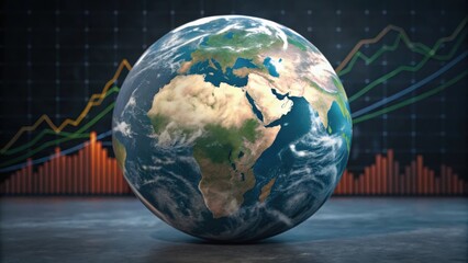 A globe with detailed continents, set against a background of financial graphs and data visualizations, symbolizing global economics.
