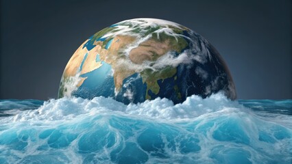 A globe partially submerged in turbulent ocean waves, illustrating the impact of water on the Earth.