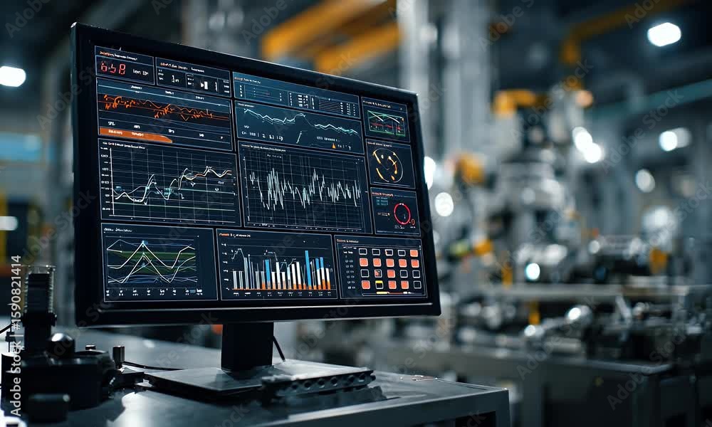 Poster a computer monitor displaying data visualizations and graphs, with an industrial background of machi