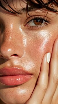 extreme close-up of a Latina woman&rsquo;s face with glossy lips, flushed cheeks, natural dewy skin