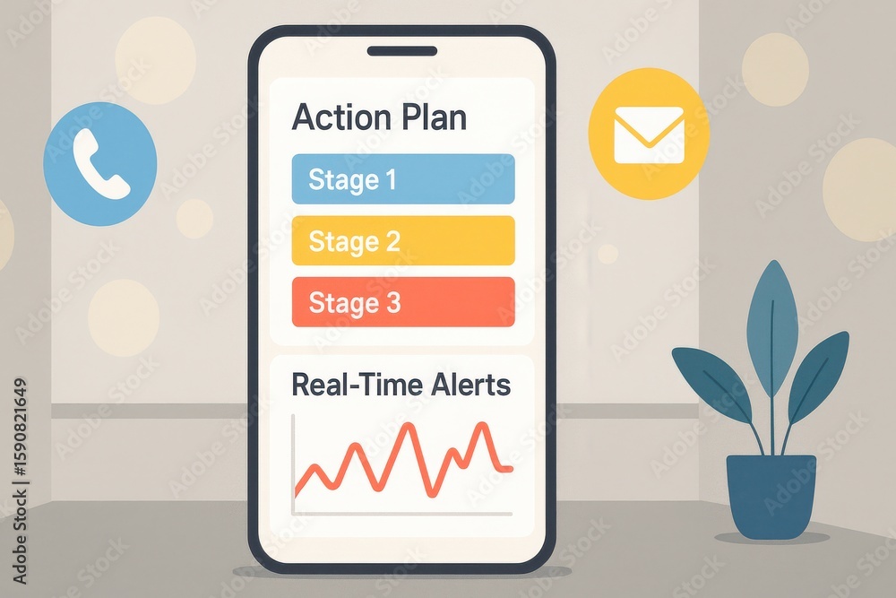 Aufkleber mobile action plan app interface featuring stage indicators and real-time alerts in flat design