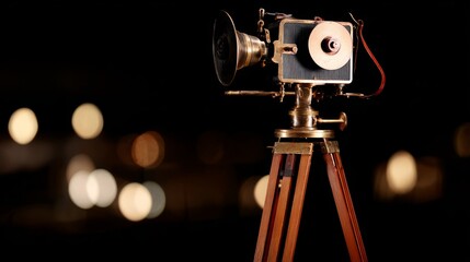 Vintage movie camera on a wooden tripod, cinematic aesthetic with warm lighting and shallow depth.
