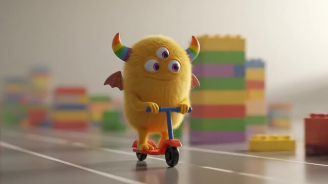 Fluffy monster riding a scooter with colorful building blocks