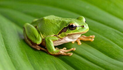 Naklejka premium Close-up of a vibrant green frog on a large leaf