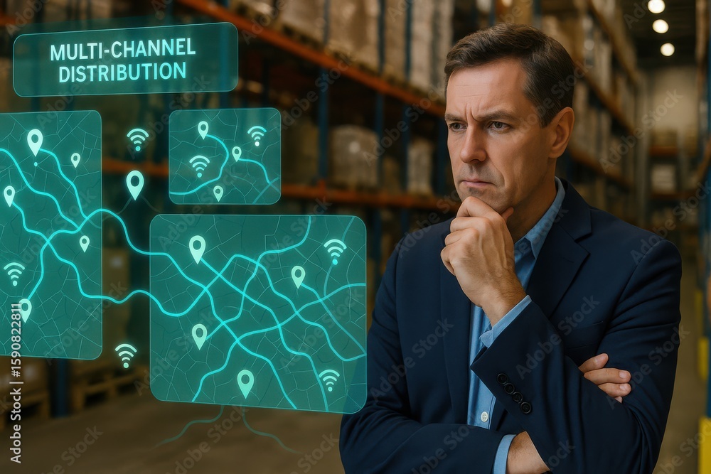 Poster businessman analyzing multi-channel distribution strategy with digital map interface in warehouse en