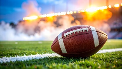 Close-up of a football on the field, ready for the game under the bright stadium lights, with a dynamic atmosphere and vibrant green grass.
