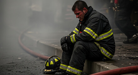 Exhausted firefighter taking a break amidst smoke, conveying the intensity and emotional toll of emergency service work