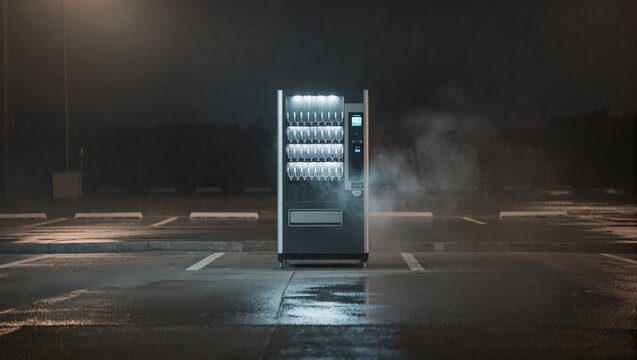 A lone vending machine stands in a desolate, empty parking lot at night, shrouded in mist, creating an eerie and mysterious atmosphere.