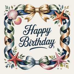 Celebrate a Happy Birthday with a nautical style card decorated with seashells, starfish and elegant ribbons in joyful colors.