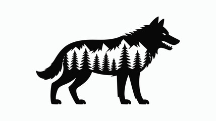 A striking black silhouette showcases a wolf filled with evergreen trees and snowy mountains, embodying wilderness.