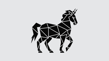 Geometric unicorn walks gracefully, a modern design featuring bold black lines and triangles against a neutral background.
