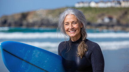 A smiling woman with gray hair in a wetsuit holds a blue surfboard on a sandy beach with ocean waves and a rocky coastline in the background.