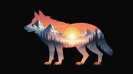 Scenic mountain landscape within a wolf silhouette showcases a vibrant sunset over snowy peaks and evergreen forests.