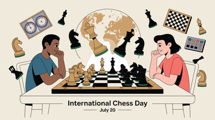 Celebrating International Chess Day with diverse players engaging in strategic board game competition