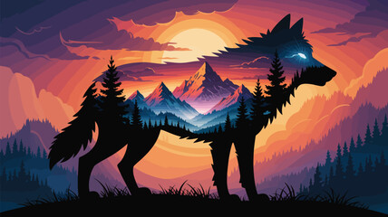 Majestic wolf silhouette art features a stunning mountain landscape and vibrant sunset sky with trees and vivid colors.