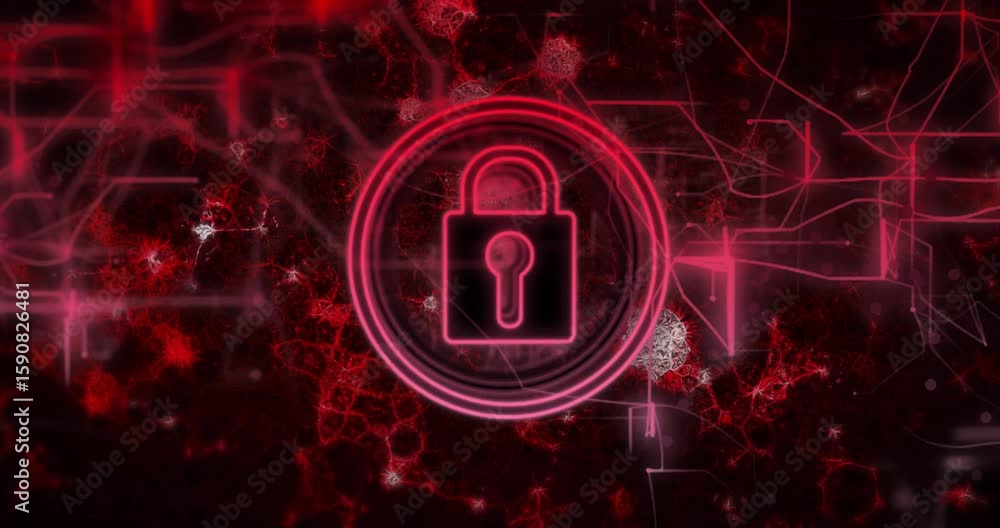 Poster drifting fractals activating padlock icon, glowing neon and pulsing rings showing secure data flow