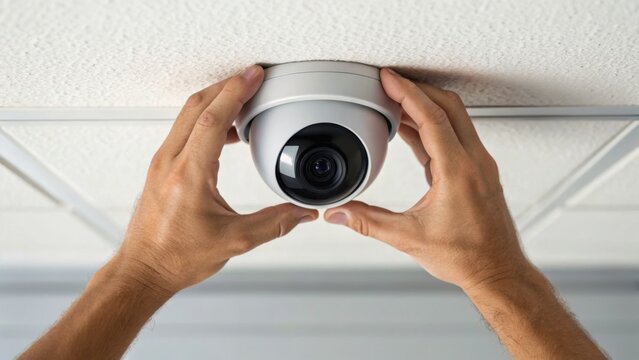 A person is installing a security camera on the ceiling, demonstrating hands-on work in surveillance technology.