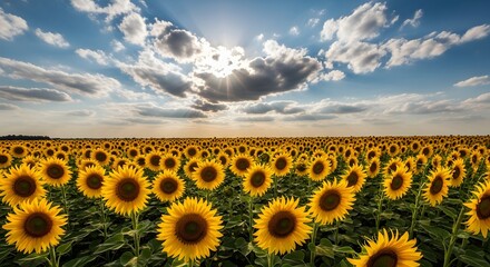 Obraz premium Sunflower Field Blossom, Nature Photography, Open Landscape, Bright Sky, Summer Vibes, Scenic View, Floral Beauty