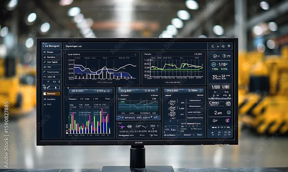Poster a computer monitor displaying data visualizations and graphs, with an industrial background of machi