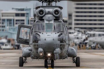 Fototapeta premium Gray military helicopter on tarmac (2)