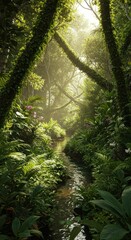 Fototapeta premium Lush Tropical Rainforest Stream Surrounded by Green Foliage with Sunlight Filtering Through Trees