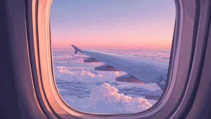 Airplane window view of clouds and sunset