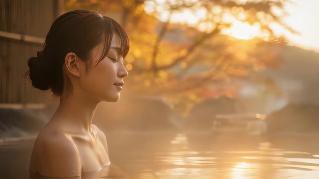 紅葉の見える景色をのぞむ、温泉に入りリラックスする女性