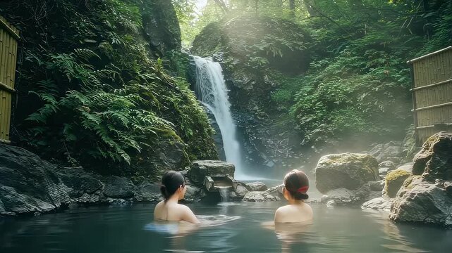 滝の絶景を見ながら、露天風呂に入る女性2人