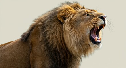 Majestic Lion Roaring with Open Mouth and Fierce Expression in Neutral Background