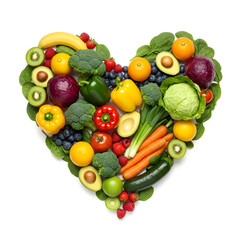Fruits and vegetables are arranged in heart shape on white background