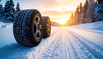 Winter tires on a snowy road at sunset