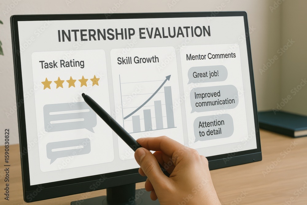 Aufkleber internship evaluation dashboard showing task rating, skill growth graph and mentor comments