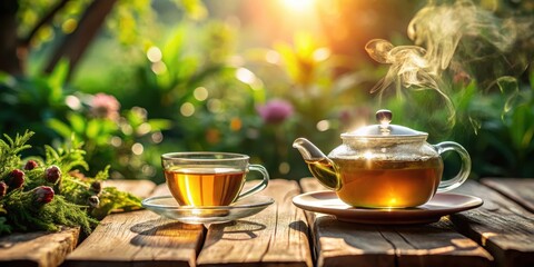 Delicate steaming teacup on wooden table in sunlit garden morning with herbal tea and glass teapot